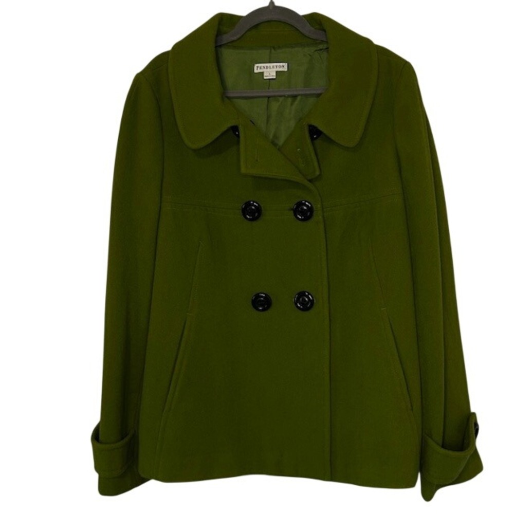 Pendleton Green Merino Wool Double Breasted Pea Coat Jacket Womens Large Flaw - Picture 1 of 12